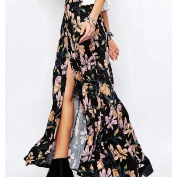 Free People Maxi Skirt Womens 2 Smooth Sailing Floral Front High Slit Button Up - Picture 2 of 13